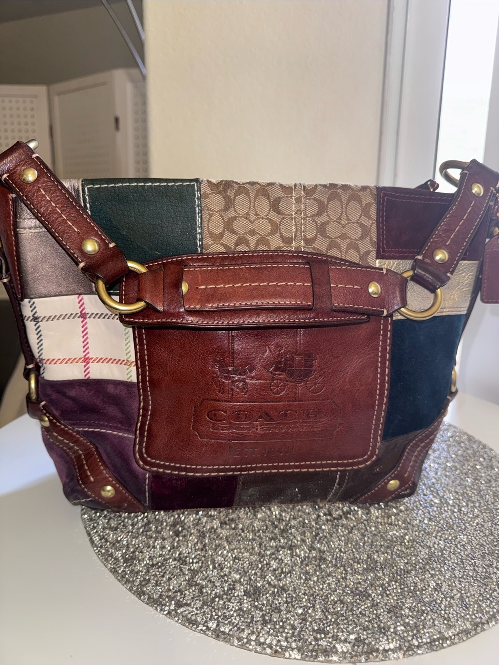 Coach Patchwork Shoulder Bag in Brown, Burgundy, Green & Navy